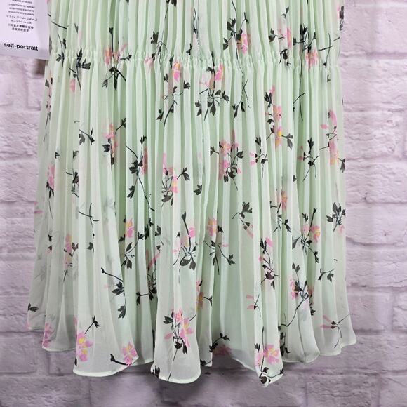 MS Self-Portrait Green Floral Pleat Mini Dress Women Size 2 NWT Sweetheart Cute - Picture 4 of 15
